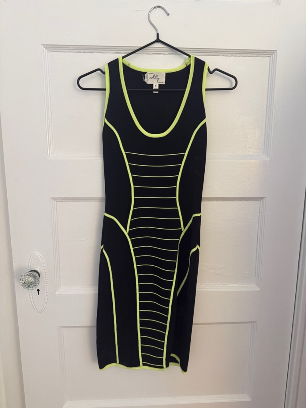 Vintage Milly Black Bodycon Dress with Neon Yellow Piping